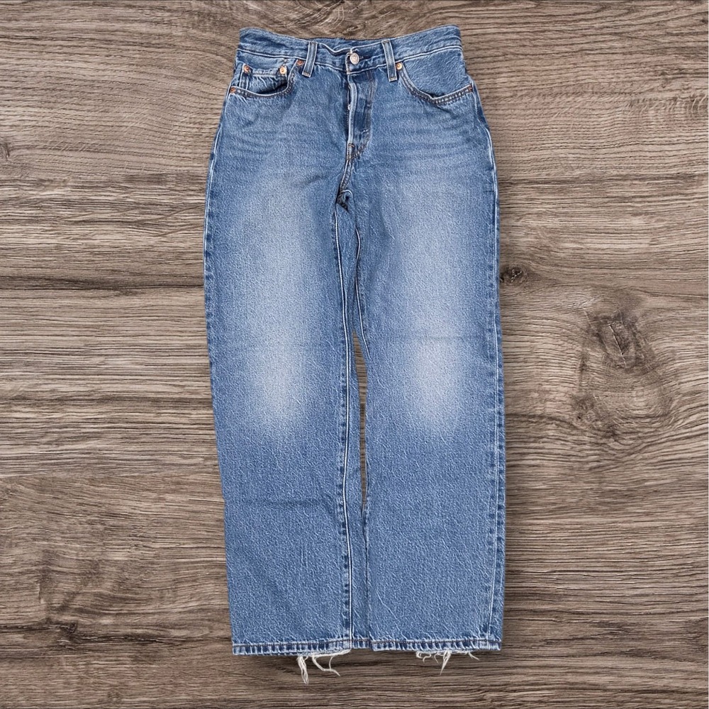 Levis 501 Big E Straight Leg 26x30 Jeans Blue Medium Wash Distressed Hem